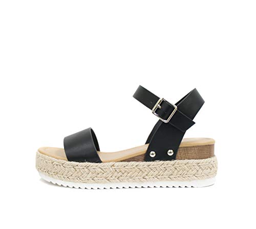 Soda CLIP ~ Women Open Toe Ankle Strap Platform Espadrille Sandal (Black, 7.5)
