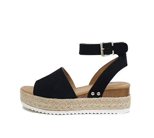 Soda Topic Open Toe Buckle Ankle Strap Espadrilles Flatform Wedge Casual Sandal (Black, 8)