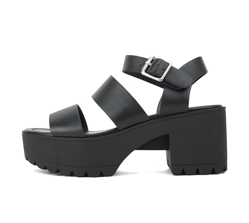 Soda ACCOUNT ~ Women Open Toe Two Bands Lug sole Fashion Heel Sandals with Adjustable Ankle Strap (Black, numeric_8_point_5)