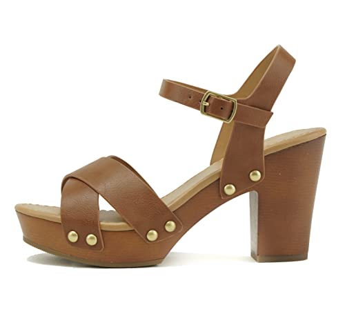 Soda MIGUEL ~ Women Crisscross Band Fashion Chunky Platform Block Mid Heel Sandal with Ankle Strap and Stud (10, TAN PU, numeric_10)