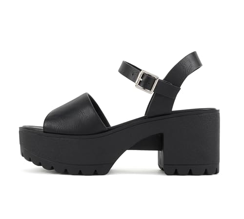 Soda “Stacie” ~ Women Open Toe Lug Sole Mid Block Heeled Sandals with Adjustable Ankle Strap (Black Pu, 7.5)