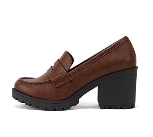 Soda “Kinder” ~ Women Slip On Chunky Mid Heel Lug Sole Penny Loafer Shoe (Cognac PU, us_Footwear_Size_System, Adult, Women, Numeric, Medium, Numeric_6_Point_5)