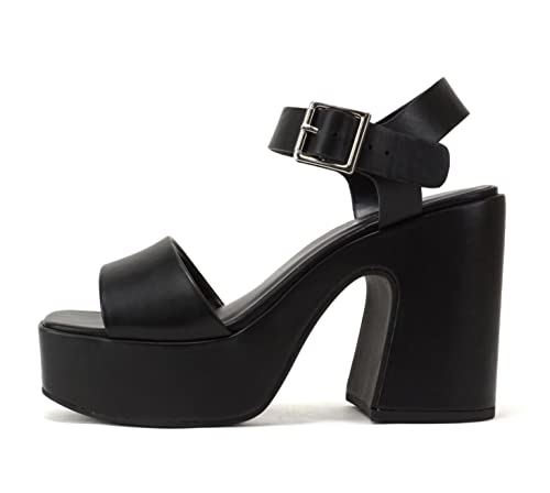 Soda LAUNCH ~ Women Open Toe Ankle Strap Platform Chunky High Heeled Sandal (Black PU, 9)